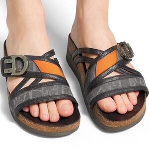 DIOR Dark Blue Leather & Trotter 'D' Buckle Cross Strap Flat Sandals Siz…